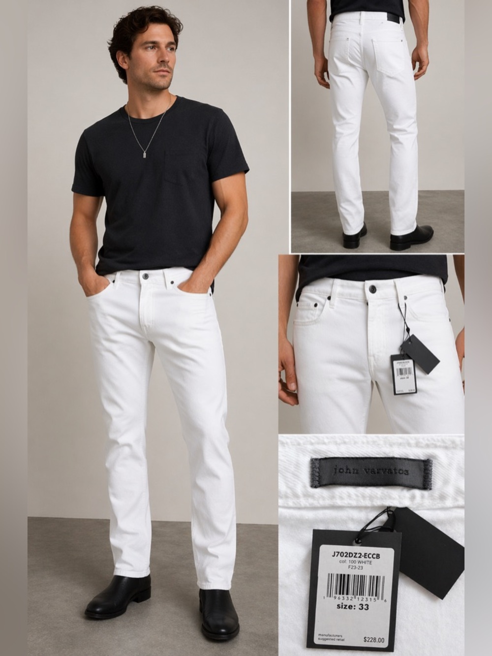 John Varvatos J702 Slim White Jeans Mens Size 33 NWT Designer Denim $228 MSRP